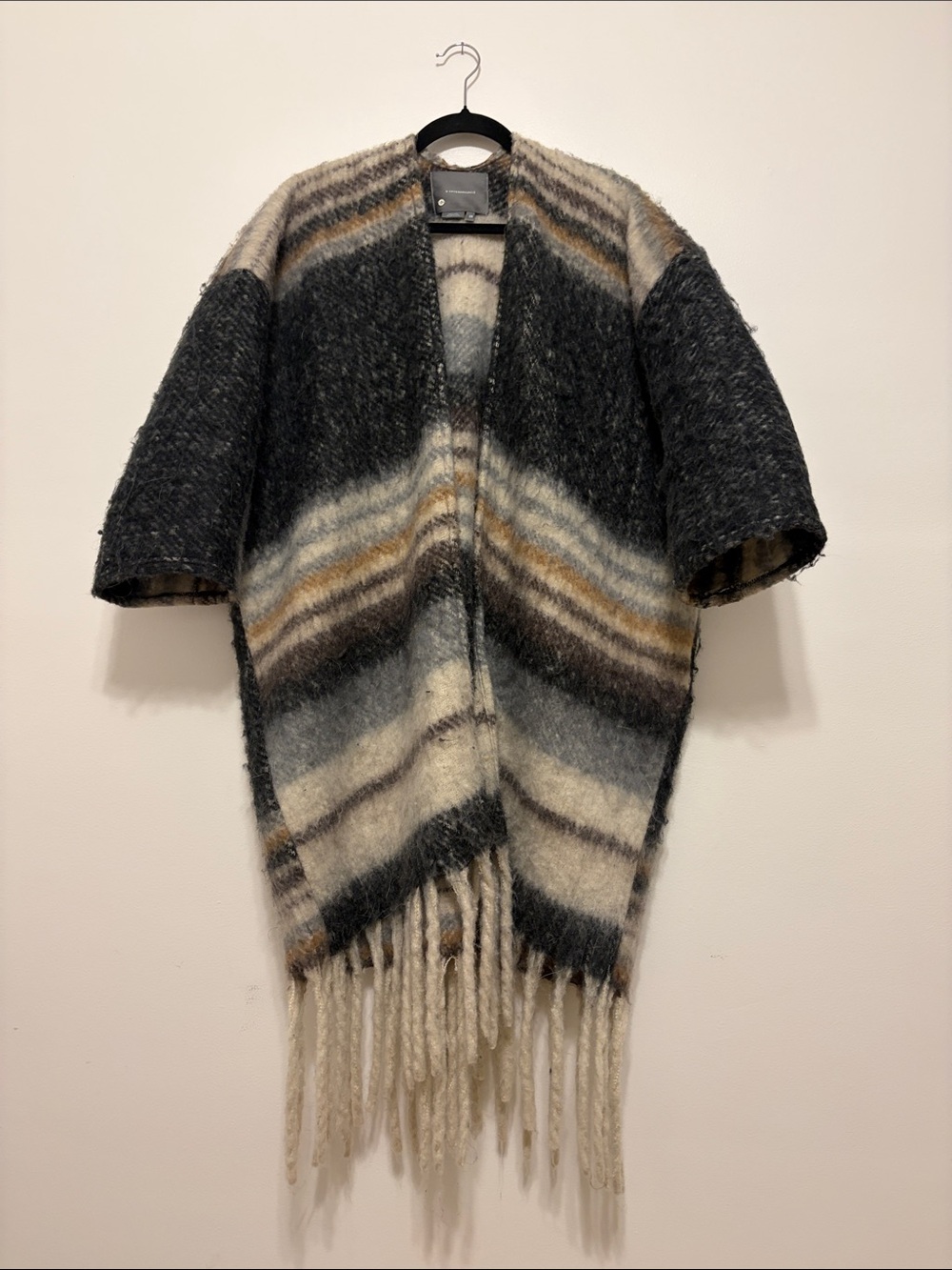 Anthropologie Striped Fringe Mohair-Inspired Open Shawl in Gray, Cream & Tan